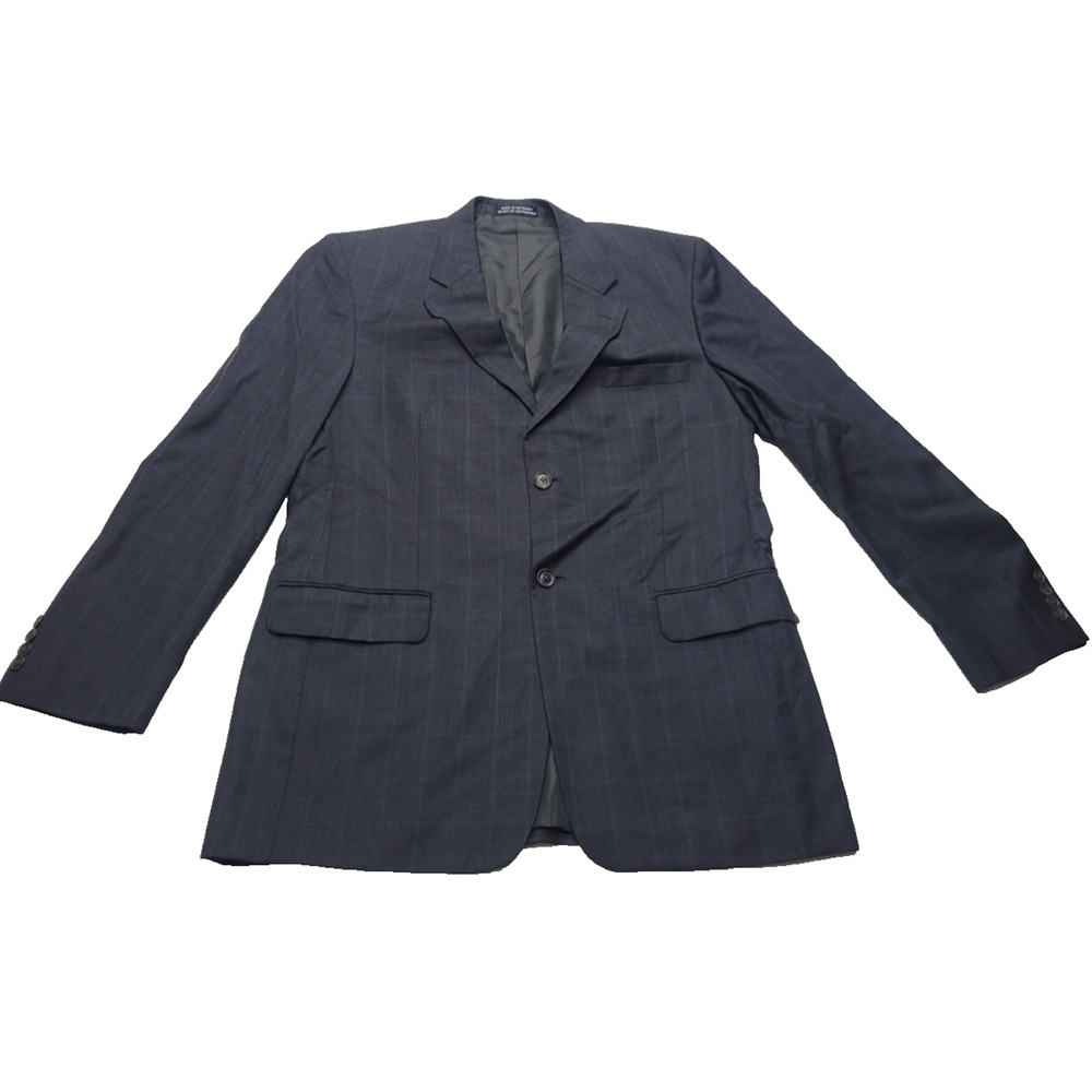 Stafford Mens Sport Coat Blazer Two Button Gray Blue Plaid 100% Wool Classic 42L